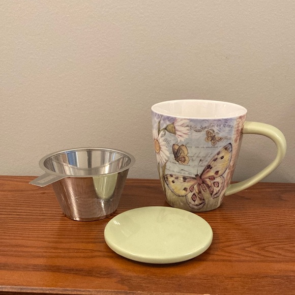 Lang “Butterfly Daisy” Tea Mug w/Steeper & Coaster/Lid. NEW, Excellent Condition - Picture 1 of 6